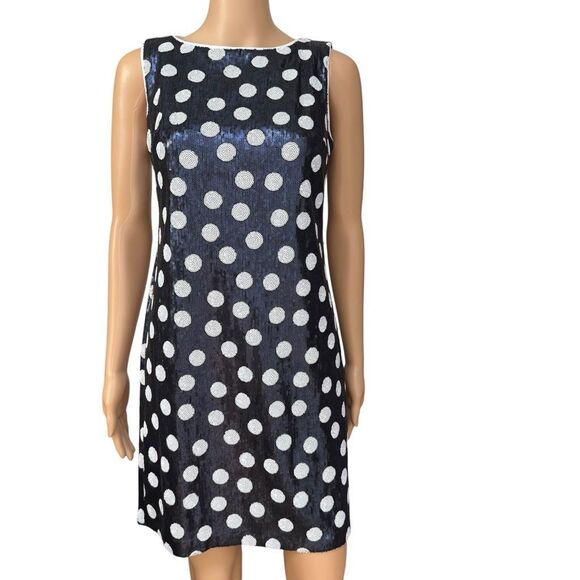 M by Maia Navy/White Stretch Sequin Polka Dot Exposed Back Zipper Sheath Dress 2 - Picture 2 of 9
